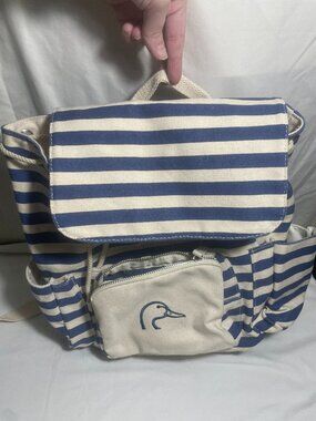 Blue White Striped Canvas Diaper Bag Backpack Duck Logo Multiple Pockets
